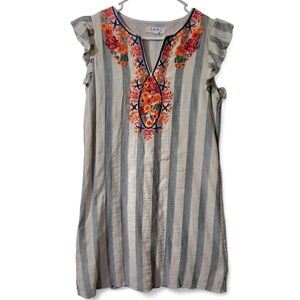 THML Blue/White Striped Floral Embroidered Shift Dress Medium 100% Cotton EUC